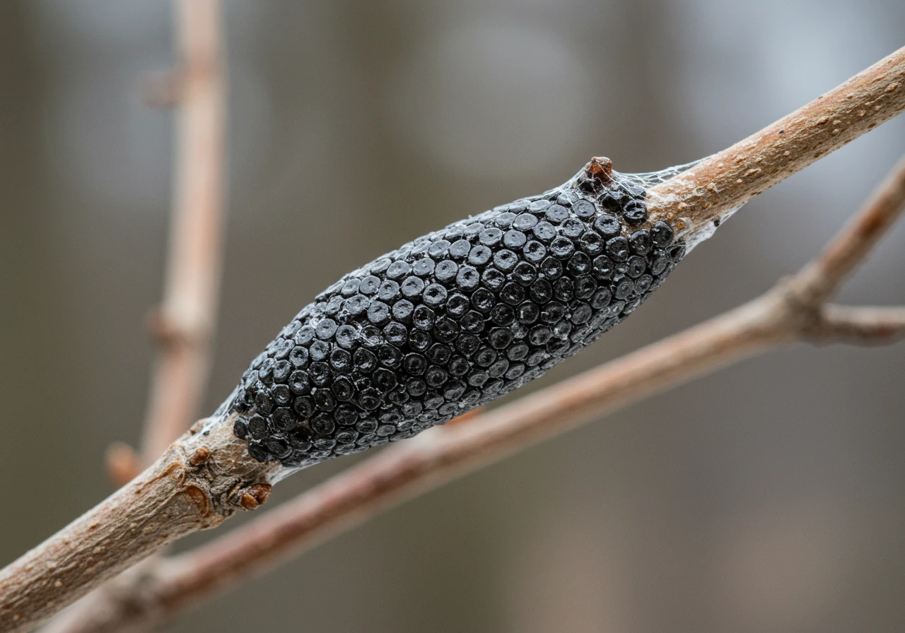 A close-up image focusing on a dormant deciduous twig (like cherry or apple) during winter or very early spring (no leaves). Tightly wrapped around the twig is a characteristic Eastern Tent Caterpillar egg mass. The image should highlight the shiny, dark grey/brown, slightly iridescent, hardened-foam texture of the egg band, contrasting against the duller bark of the twig.