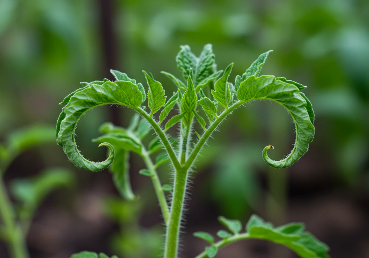 A detailed close-up photograph focusing on the leaves of a young tomato plant exhibiting classic herbicide drift symptoms. The image should clearly show distinct upward curling (cupping) and twisting of the leaves, particularly on the newer growth. Some leaves might appear slightly elongated or strap-like. The background should be softly blurred garden foliage, ensuring the focus remains entirely on the damaged plant leaves. The lighting should be natural daylight, emphasizing the texture and deformities without showing any pests or obvious disease lesions.