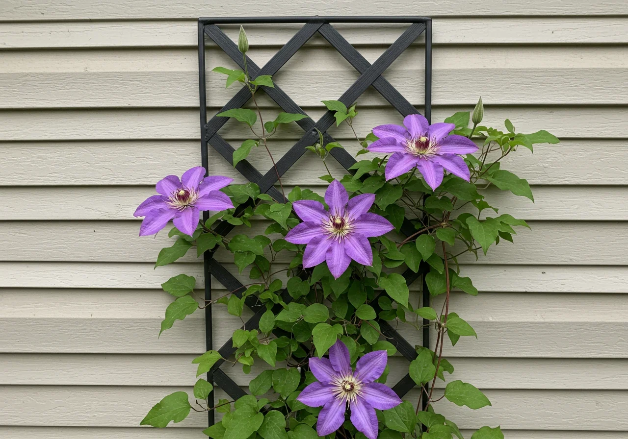 Close-up of a recommended vine, like Clematis or Honeysuckle, thriving on a trellis structure. The trellis should be visibly installed a few inches away from the house wall, demonstrating the safe way to use support vines.