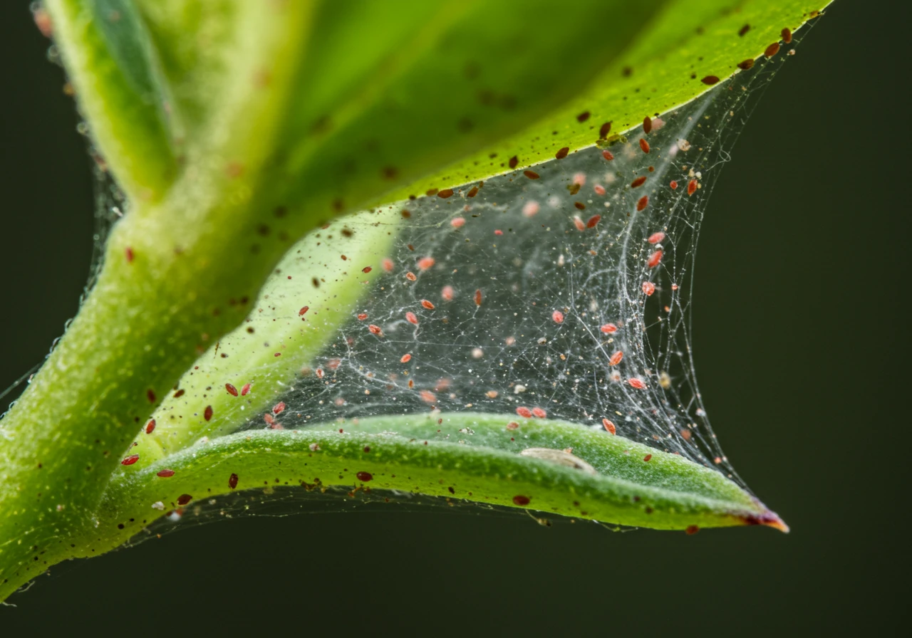 A detailed close-up image focusing on the fine, delicate webbing created by spider mites, stretched between the stem and underside of a green leaf (perhaps a bean or tomato leaf). Tiny reddish dots representing the mites should be subtly visible within the webbing to illustrate scale.