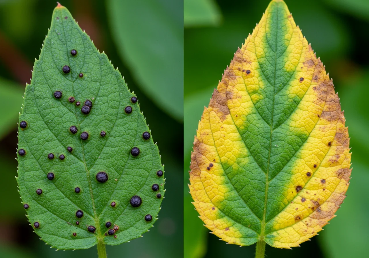 A detailed close-up photograph illustrating common plant distress signals visible in fall. Show a comparison: perhaps one section displays a hosta leaf with distinct, dark fungal spots, while another section shows a different perennial leaf exhibiting unnatural, blotchy yellowing (chlorosis) distinct from typical autumn senescence. The focus should be sharp and clear, highlighting the specific symptoms against a slightly blurred garden background.