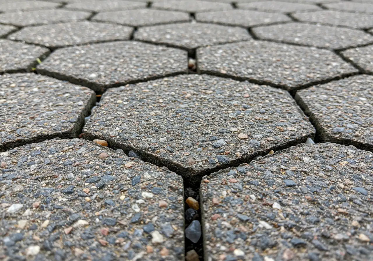 A detailed close-up photograph focusing on the surface of installed permeable pavers. The image should clearly show the slightly wider gaps (joints) between the pavers filled with small, clean angular aggregate stones, highlighting the porous entry points for water.