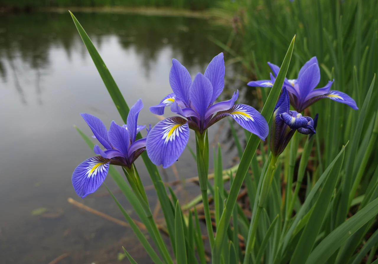 A detailed close-up photograph highlighting the beauty of a specific hardy perennial recommended for Ottawa ponds, such as the Blue Flag Iris. The image should focus on the flower's structure and color, with the pond environment softly blurred in the background.