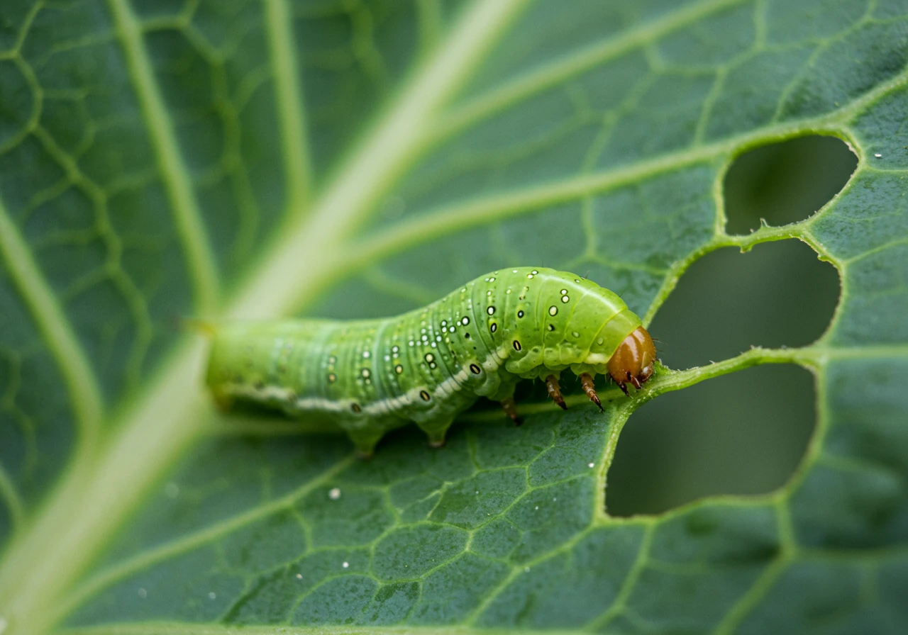 A clear, close-up photograph focusing on one of the specific pests mentioned, such as a Cabbage White caterpillar actively feeding on a broccoli or cabbage leaf. This helps readers visually identify the target pests discussed in the text.