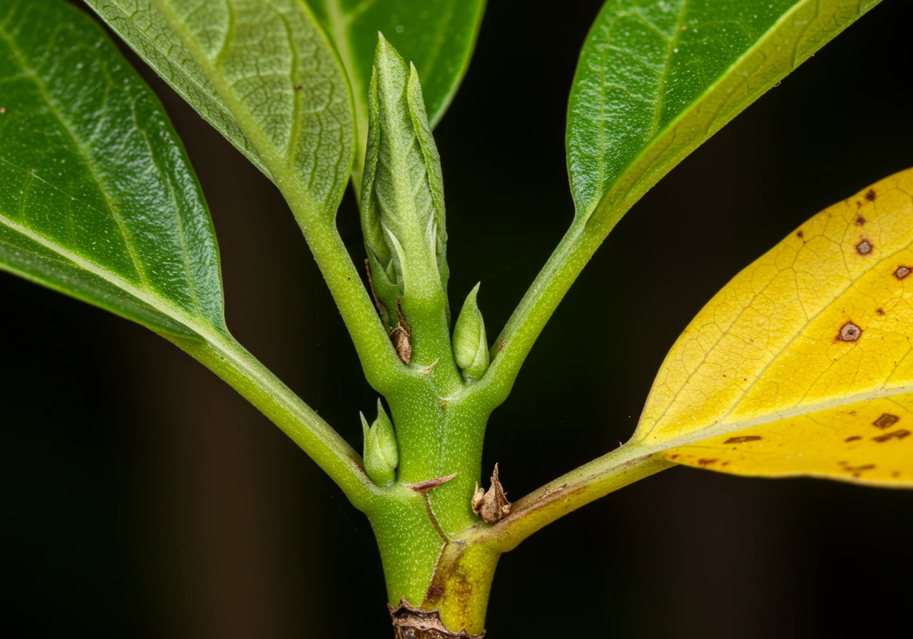 A detailed close-up photograph of a plant stem where the lower, older leaves are clearly yellowing (chlorosis), possibly with slightly greener veins remaining, while the upper, newer leaves are still a healthy green. This image visually demonstrates nitrogen deficiency where the plant moves nutrients from old to new growth.
