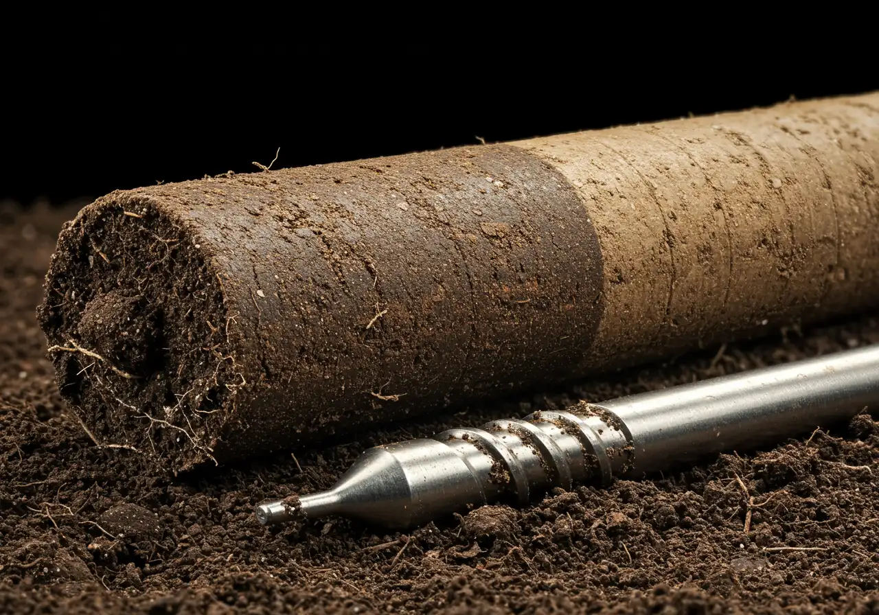 A detailed close-up photograph focusing on a soil core sampler probe lying horizontally on dark, rich garden soil. A distinct, intact cylindrical soil core has been ejected from the sampler and lies parallel beside it. The soil core clearly shows different layers or variations: darker, moist soil potentially visible at the bottom (representing deeper soil) with visible fine white plant roots threaded through it, transitioning to slightly drier, lighter brown soil near the top. The image should emphasize the textural differences, moisture gradient, and presence of roots within the extracted core.