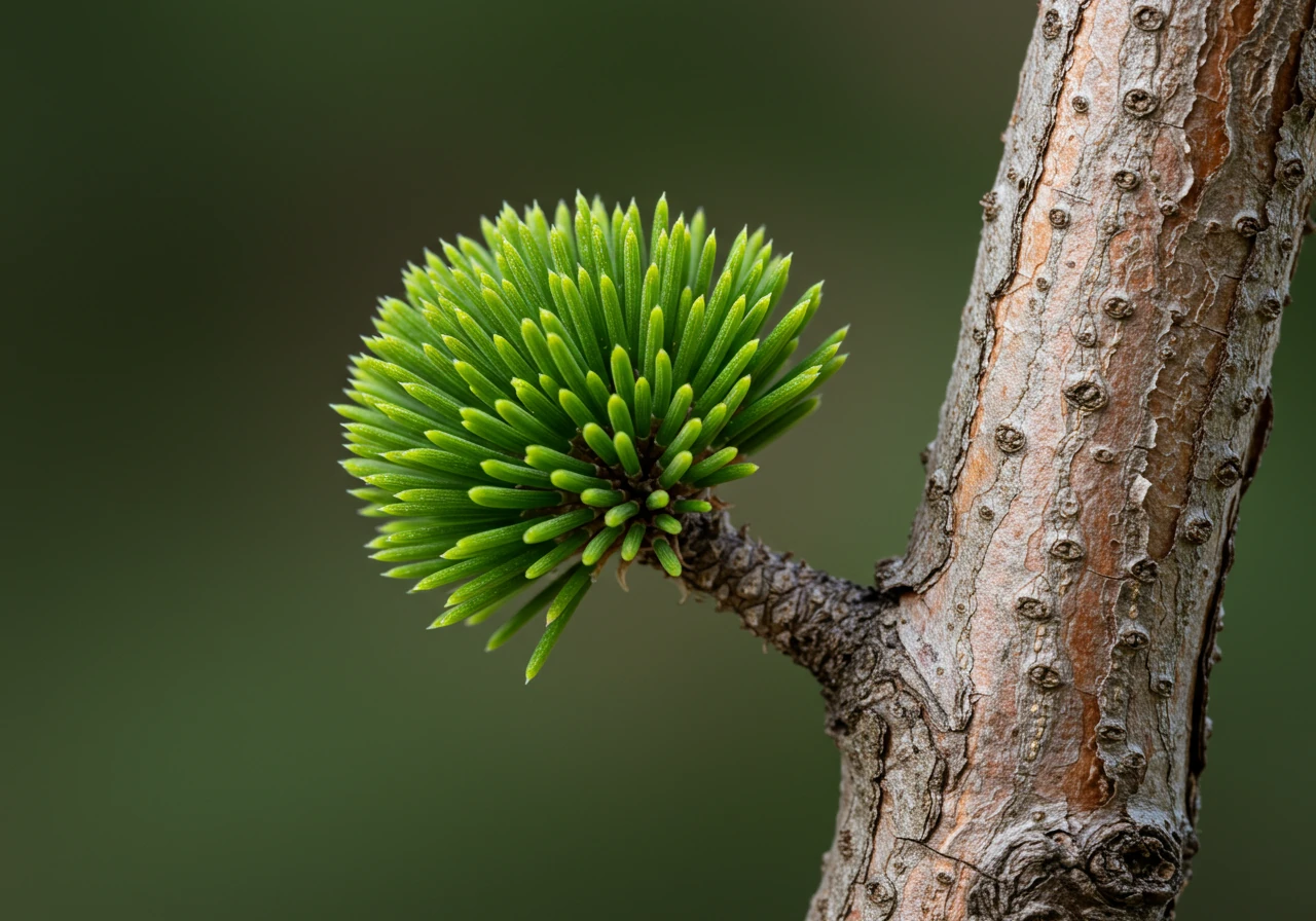 A detailed close-up photograph focusing on a section of a mature cloud-pruned pine. The image should clearly contrast a dense, well-defined 'cloud' pad of rich green pine needles against the bare, textured bark of the supporting branch. This visual emphasizes the core technique: creating distinct foliage masses separated by exposed structure. Lighting should be natural and focused to highlight the texture of both the needles and the bark.
