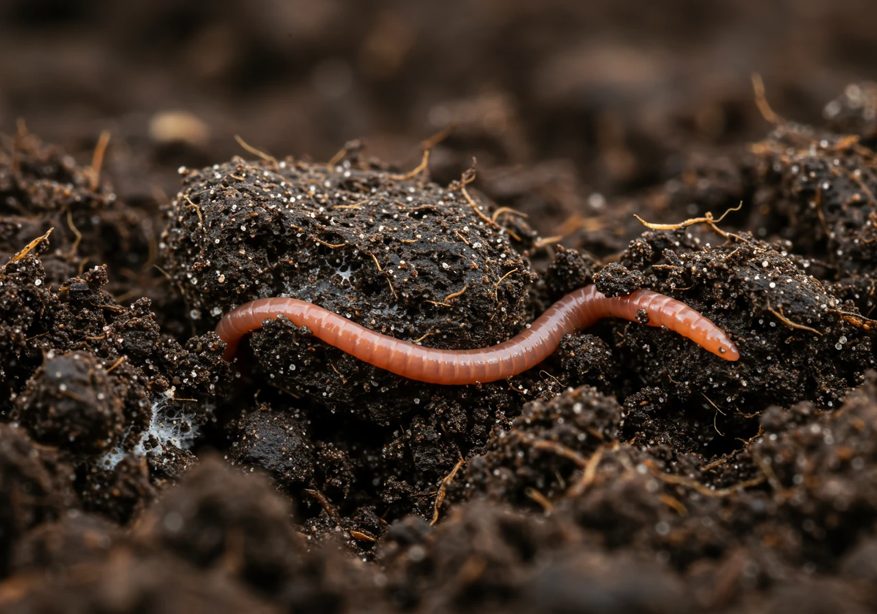 A close-up, ground-level view depicting healthy, aggregated soil structure resulting from microbial activity. The image should show dark, crumbly soil with visible clumps (aggregates), perhaps with fine white fungal hyphae threads subtly woven through, suggesting a living, breathing soil environment. An earthworm partially visible could also enhance this.