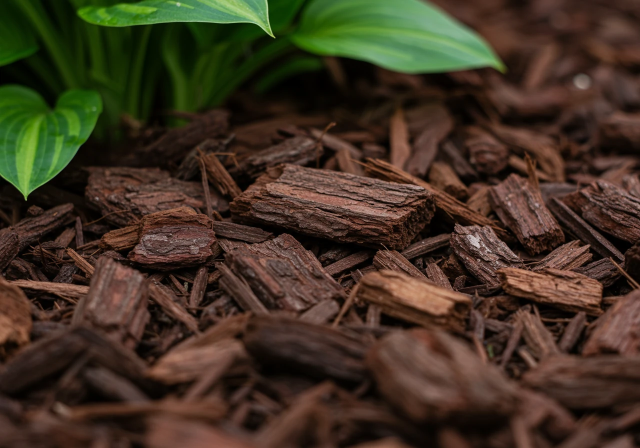 A detailed close-up shot showcasing the texture and appearance of shredded bark mulch, the most commonly recommended type in the article, applied correctly in a garden setting.