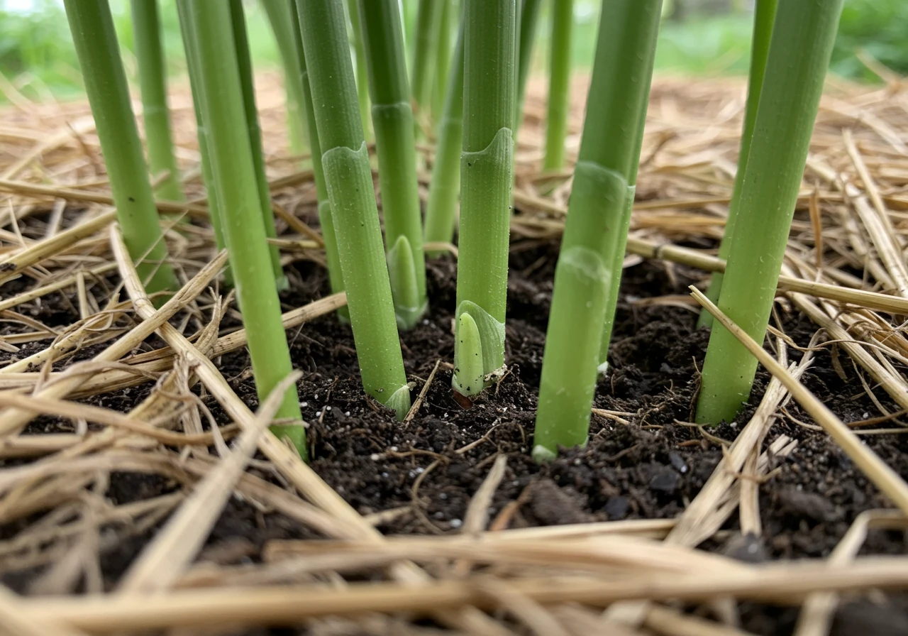 A close-up image focusing specifically on a thick layer of organic mulch (like straw or shredded wood chips) applied around the base of garden plants in a bed. This visually reinforces the 'Mulch Like You Mean It' tip, showing proper application.