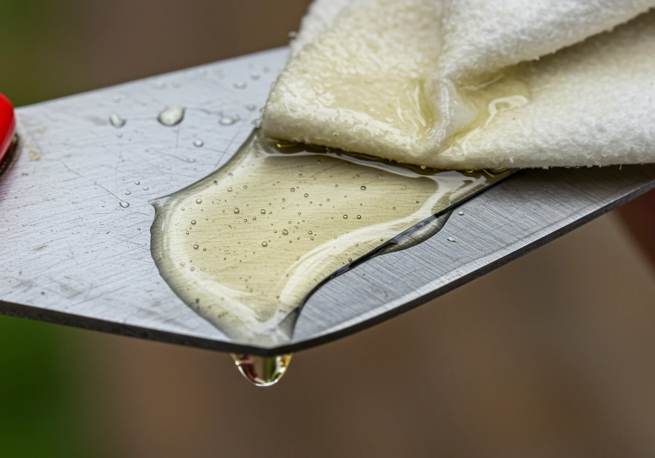 Close-up macro shot focusing on a clean rag applying a thin, even coat of protective lubricating oil onto the metal surface of a garden tool, like a shovel blade or lopper head. The image should highlight the sheen of the oil creating a barrier against moisture.