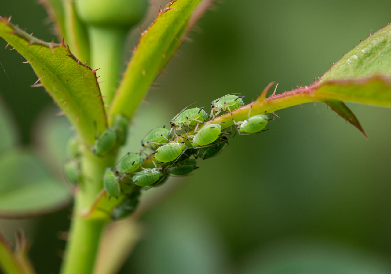 A sharp, detailed macro image focusing on a common garden pest encountered in the Ottawa area, such as a cluster of bright green aphids on a vibrant rose stem or a Japanese beetle munching on a green leaf. The background should be softly blurred (bokeh) green foliage, keeping the focus entirely on the pest and the affected plant part.