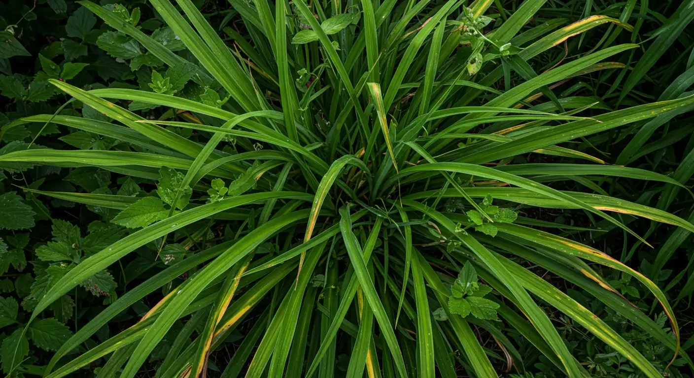 Detailed, slightly overhead shot of an extremely dense clump of daylilies in a garden bed. The leaves are tightly packed, almost choking each other out, with some yellowing foliage visible, suggesting lack of resources and space. The center appears slightly less vigorous than the outer edges. The surrounding garden context is blurred slightly to focus attention on the clump. Late summer/early fall lighting.