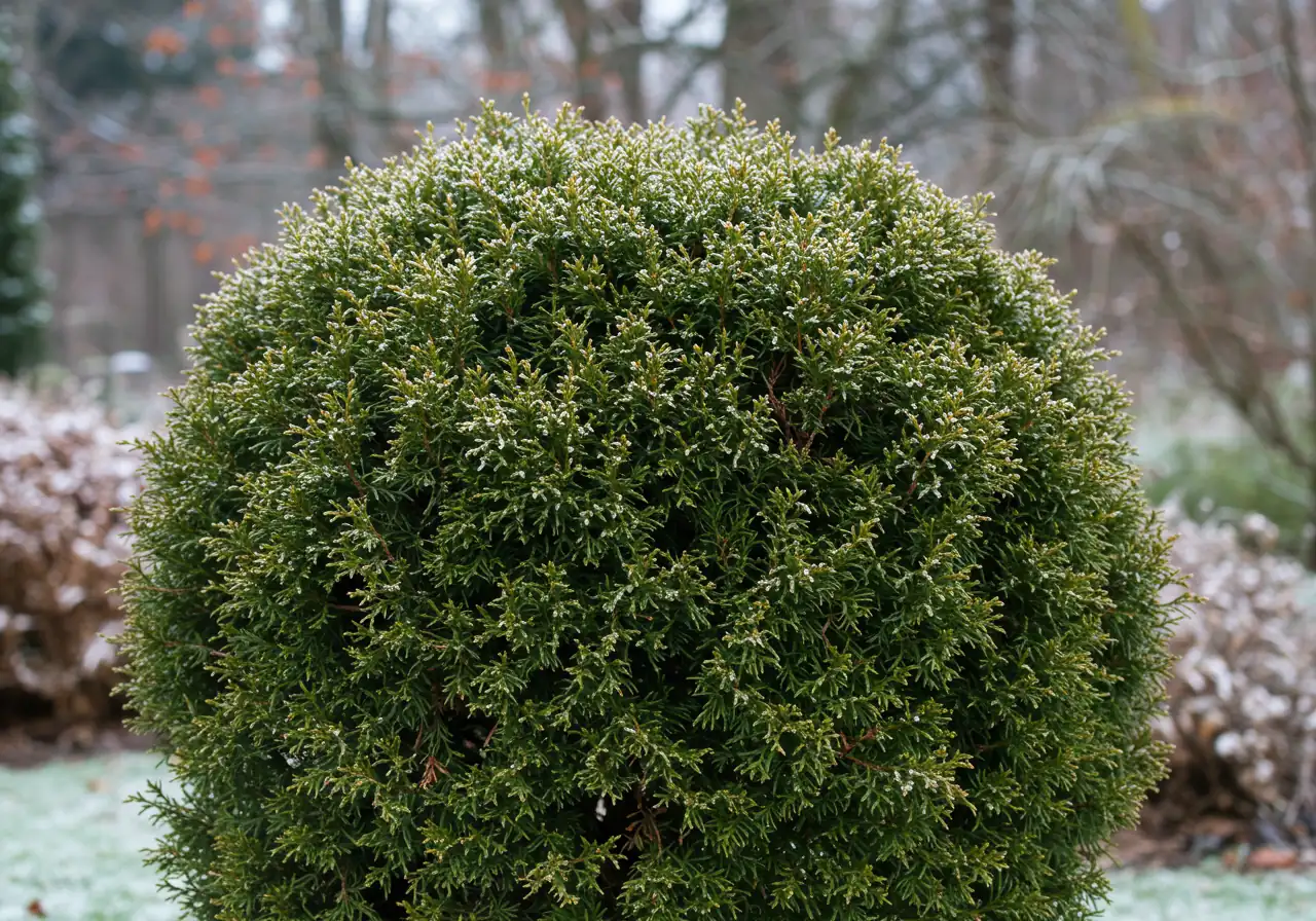 An image focusing on hardy evergreen structure suitable for Ottawa winters. It shows a neatly shaped, dense Globe Cedar (Arborvitae 'Danica') shrub, perhaps lightly dusted with frost or set against a backdrop of dormant perennials. The focus is on its rounded form and the fine texture of its evergreen foliage, demonstrating year-round structural contribution.