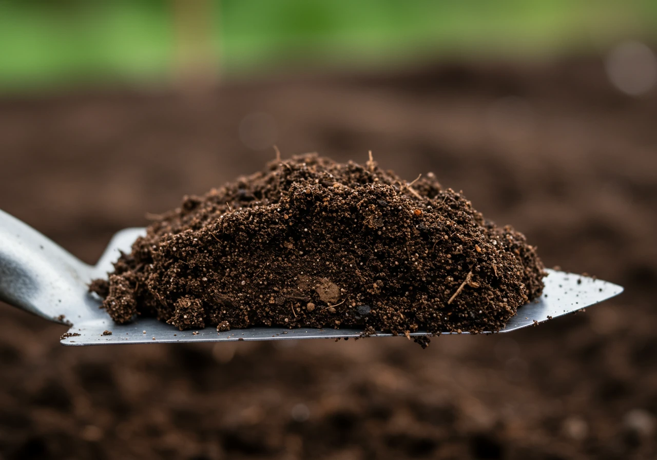An image depicting a small pile of dark, crumbly garden soil scooped onto a clean surface or trowel (no hands visible), representing a sample taken for soil testing. The focus should be on the texture and composition of the soil.