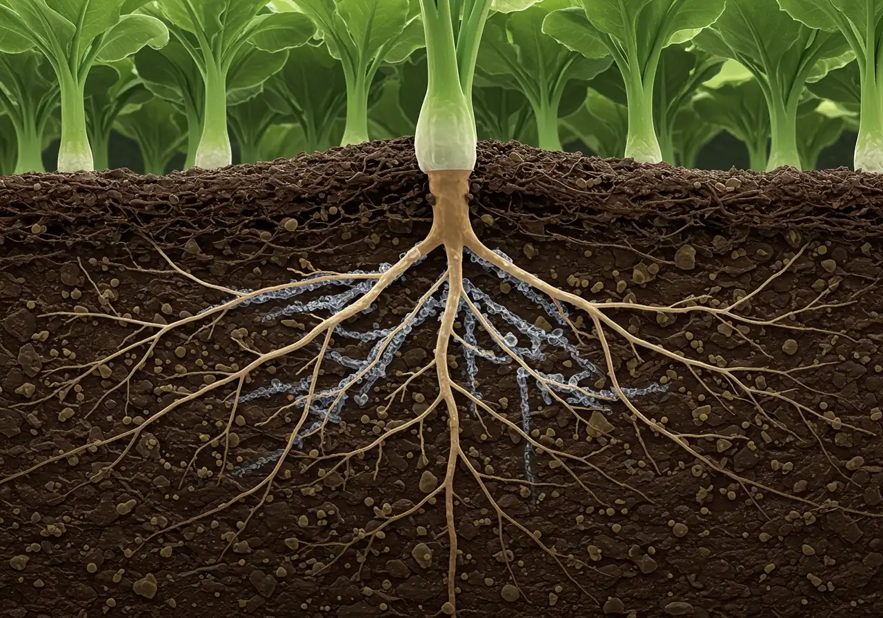 A highly detailed, realistic illustration depicting the symbiotic relationship underground. It should show fine, white fungal hyphae extending from a plant's root system far out into the surrounding dark soil particles, visually representing the extended reach mycorrhizae provide compared to the roots alone.