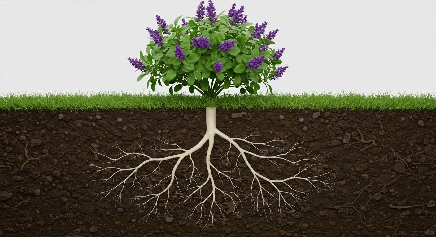 A visually clear cutaway illustration showing a healthy flowering plant above ground, with its extensive, healthy root system visible spreading deep into the soil beneath the surface line. This image reinforces the core concept that the crucial part of the plant is hidden underground.