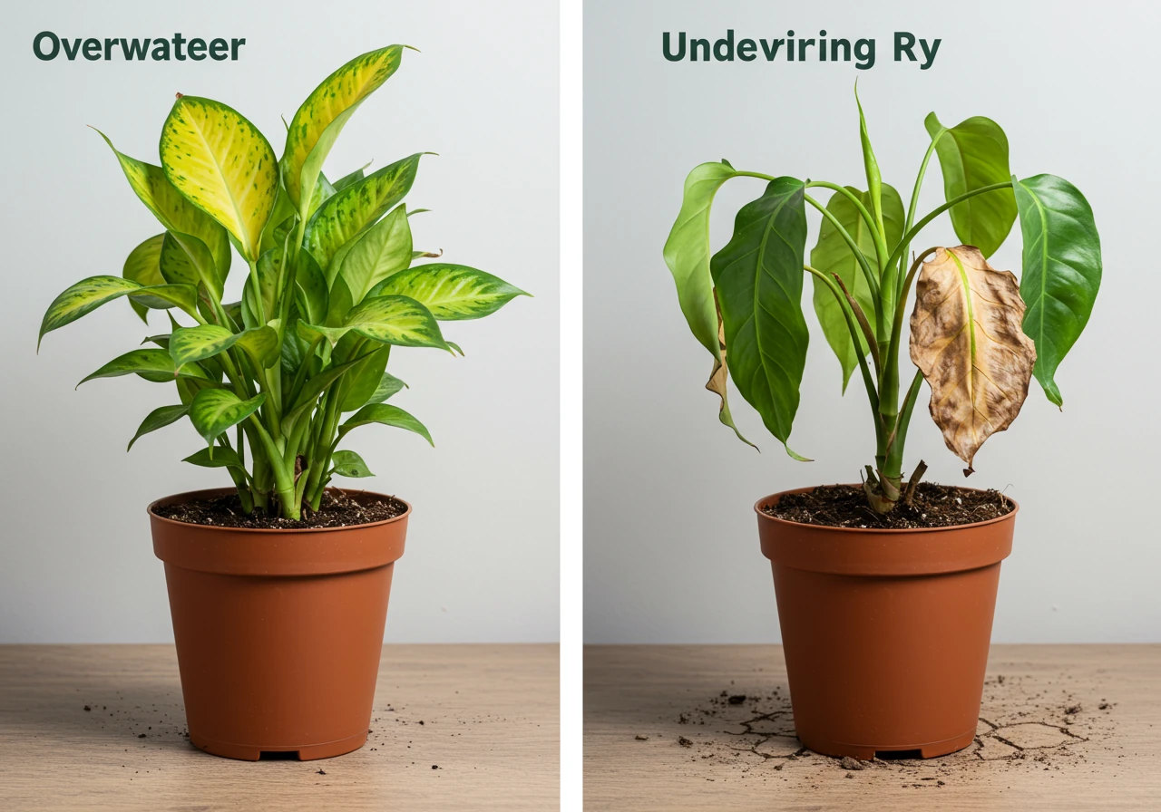 A split-image or side-by-side comparison showing plant distress mimicking nutrient deficiency. One side shows a plant with leaves yellowing and slightly wilting due to overwatering (soil visibly dark and moist), the other side shows a plant with leaves browning and becoming crispy at the edges due to underwatering (soil visibly dry and cracked, leaves drooping).