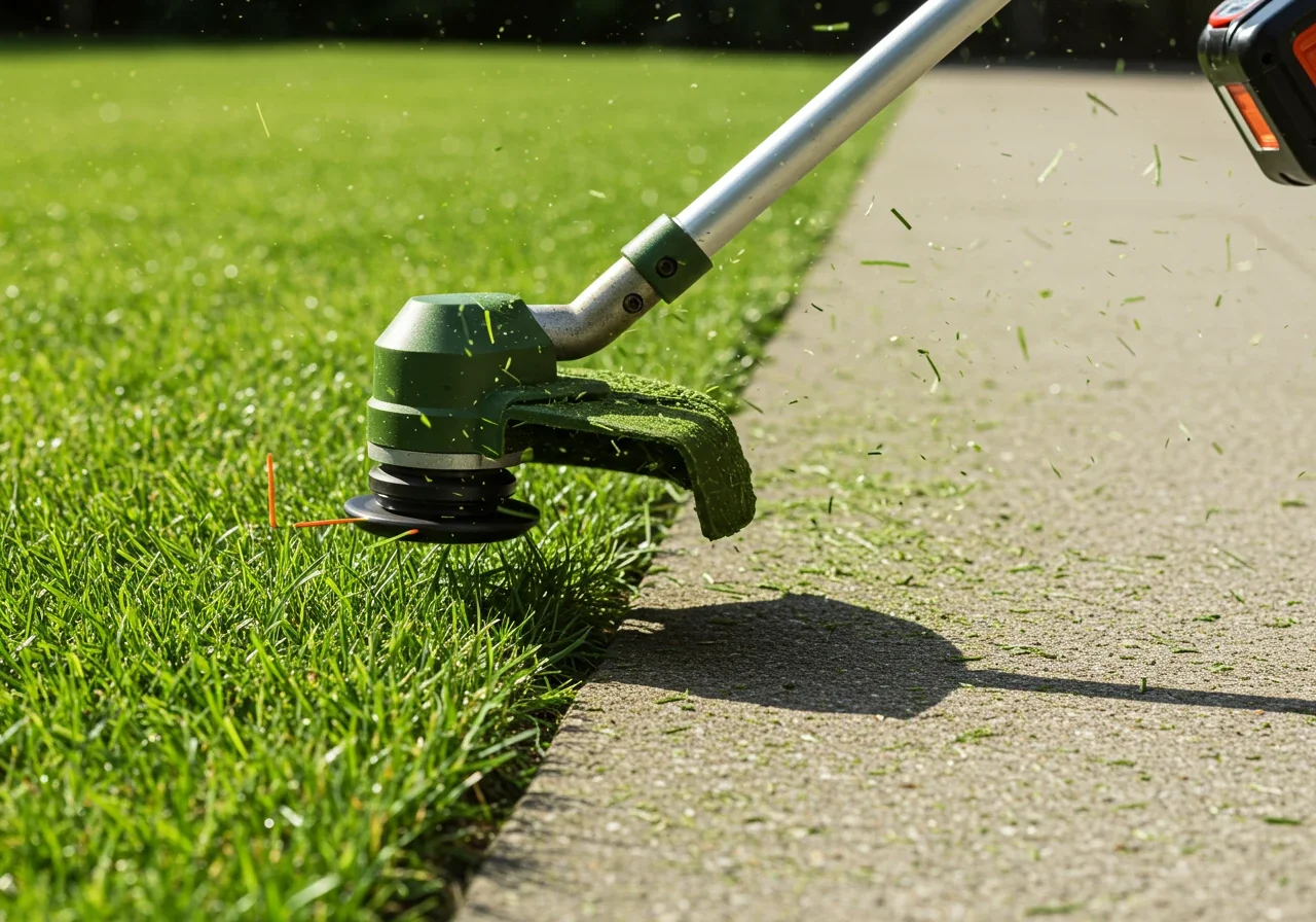 An action shot focusing solely on a modern battery-powered string trimmer head cleanly edging a lawn along a concrete pathway. The image should convey efficiency and precision without showing the operator. Grass clippings might be subtly visible mid-air to suggest motion. The focus is on the tool doing its job effectively in a typical suburban yard setting.