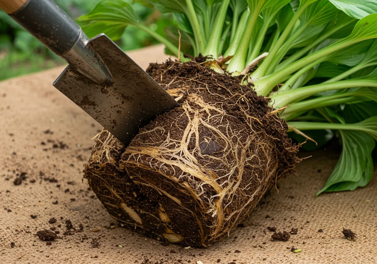 Close-up action shot focusing on a large, dense Hosta root clump lying on its side on the ground (perhaps on a burlap sack or tarp). A clean, sharp spade blade is actively cutting vertically through the dense, fibrous root mass. Soil crumbs and severed roots are visible. The focus is tight on the cutting action, showing the texture of the roots and the force implied. Bright, clear daylight.