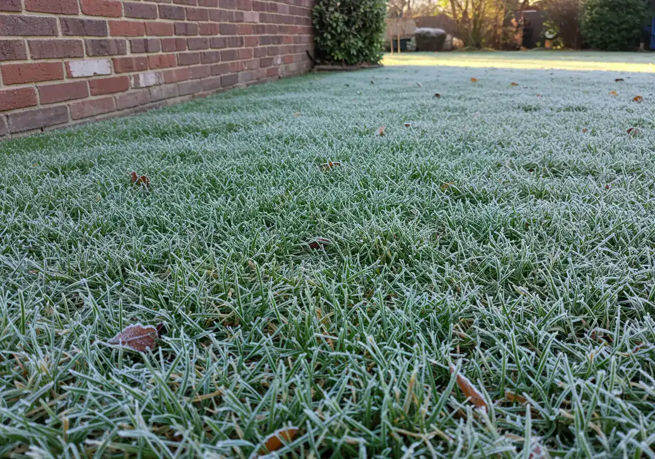 A photograph illustrating a microclimate effect during an early frost. It shows a suburban lawn where the area near the house foundation or a sheltered corner is visibly green and frost-free (or melting), contrasting sharply with the adjacent, exposed lawn area covered in white frost. Low-angle morning sunlight might highlight the difference.