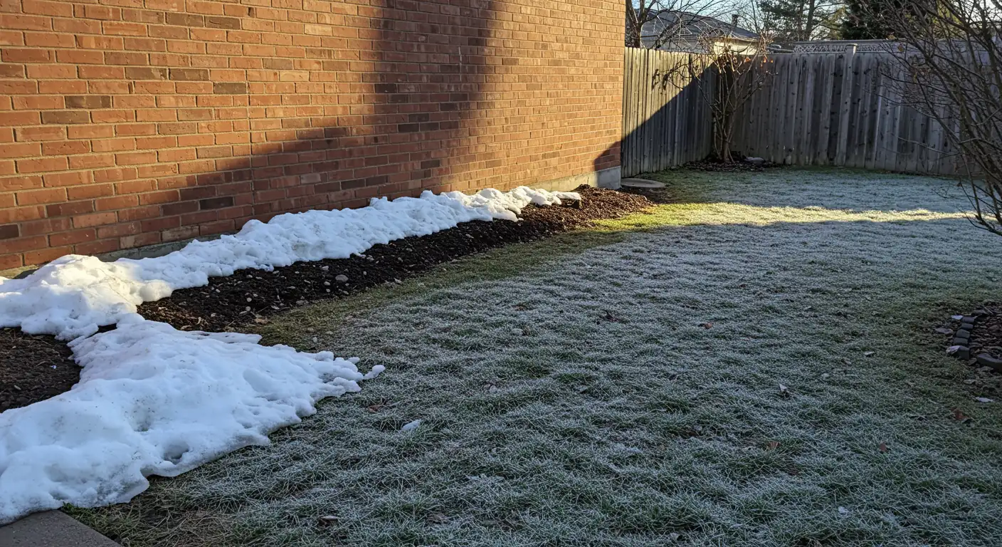 A visual representation of a microclimate contrast in an early spring Kars garden. One area near a south-facing brick wall is sunny, with melted snow and visible soil, while an adjacent shaded area still has frost or lingering snow, illustrating the concept of localized temperature differences.