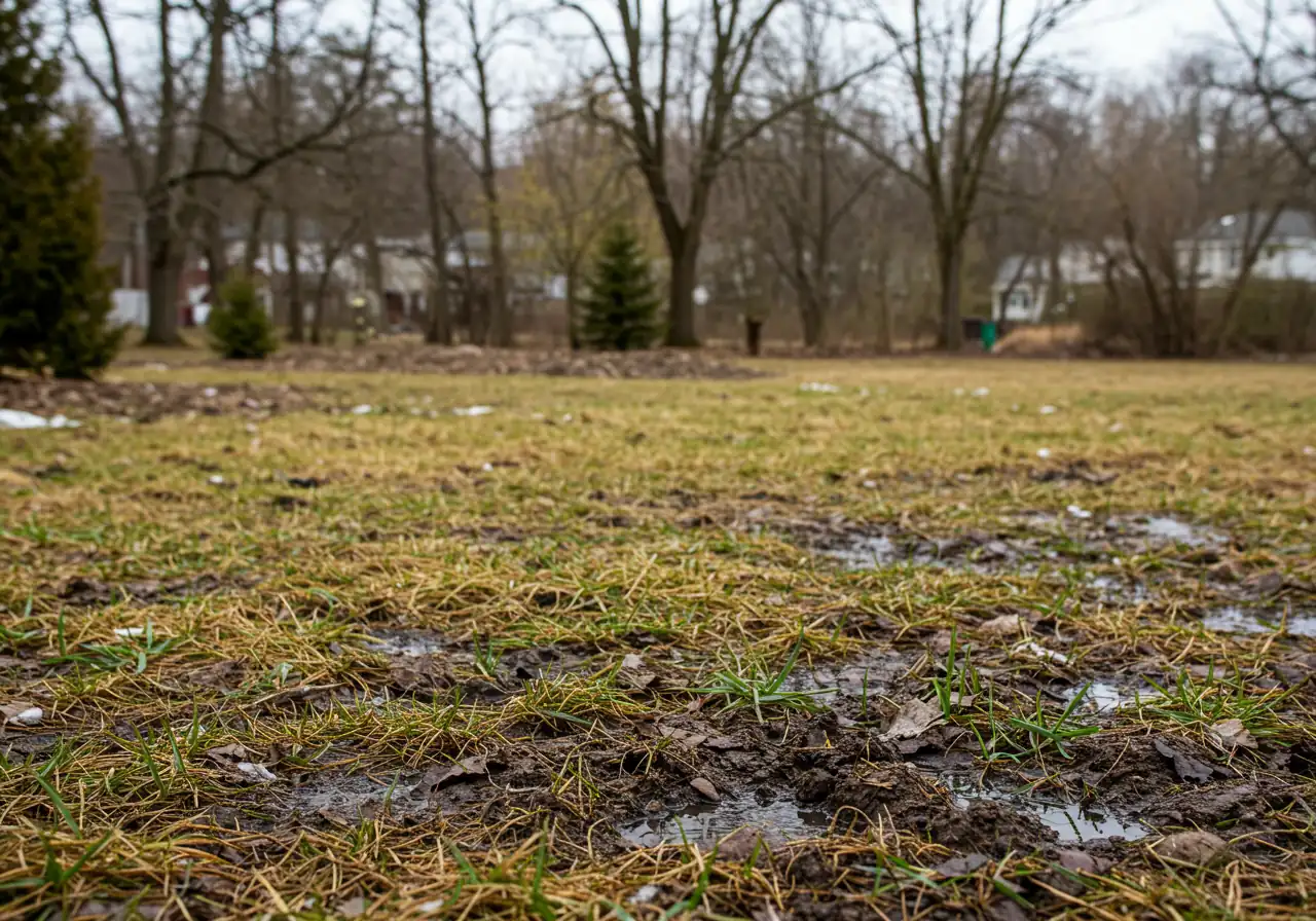 Landscape view capturing the essence of early spring workability described in the article. The ground in a residential yard appears damp and thawed, suitable for landscaping work. Patches of dormant brown grass mix with emerging green shoots, and deciduous trees in the background show early buds, signifying the ideal season.