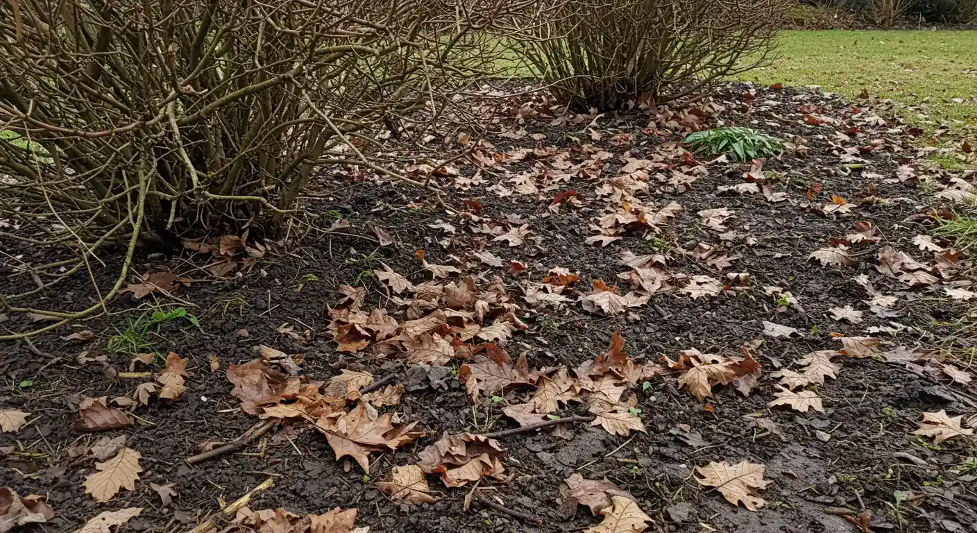 A realistic photograph capturing the look of a neglected suburban garden bed in very early spring, immediately after snow melt typical of the Ottawa area. The focus should be on the soggy, matted brown leaves covering the dark, damp soil, with perhaps a few bare, dormant shrub branches visible. The lighting should suggest early spring (possibly overcast) highlighting the dampness and lack of vibrant life yet.
