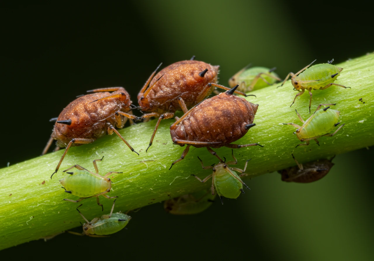An extreme close-up image showing the tangible result of parasitic wasp activity: several bronze or black, swollen aphid 'mummies' attached to a plant stem among live aphids. This visually confirms the concept of parasitism and helps gardeners identify signs of beneficial wasp activity.