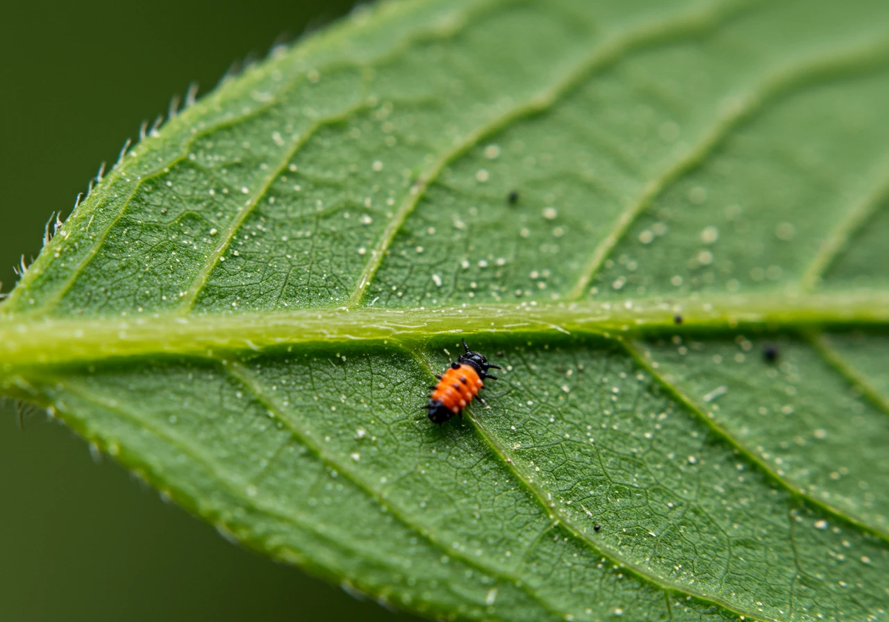 An extreme close-up, high-detail photograph focused on the underside of a leaf, revealing its intricate vein structure and texture. Perhaps include a single tiny, harmless insect (like a ladybug larva, not a pest) to emphasize the need for close looking, without showing hands or tools. This relates to Step 2: Leaf Lowdown.