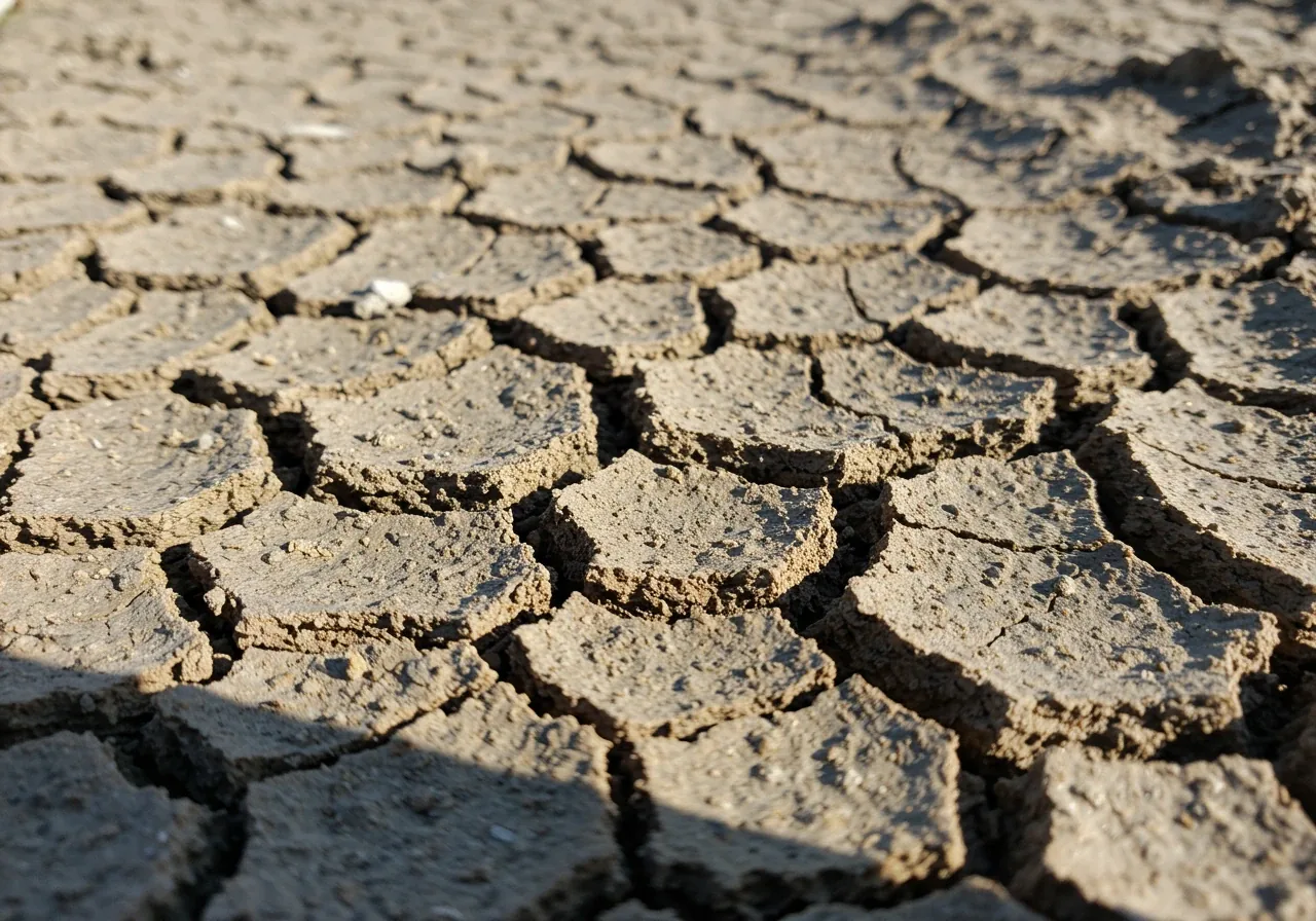 A detailed close-up photograph showing the challenging texture of heavy clay soil. The image should depict dry, cracked clay soil in a garden bed, perhaps with a few resilient weeds pushing through, illustrating the difficulty of working with this soil type common in the Winchester/Ottawa area. Focus on the texture and parched appearance under bright sunlight.