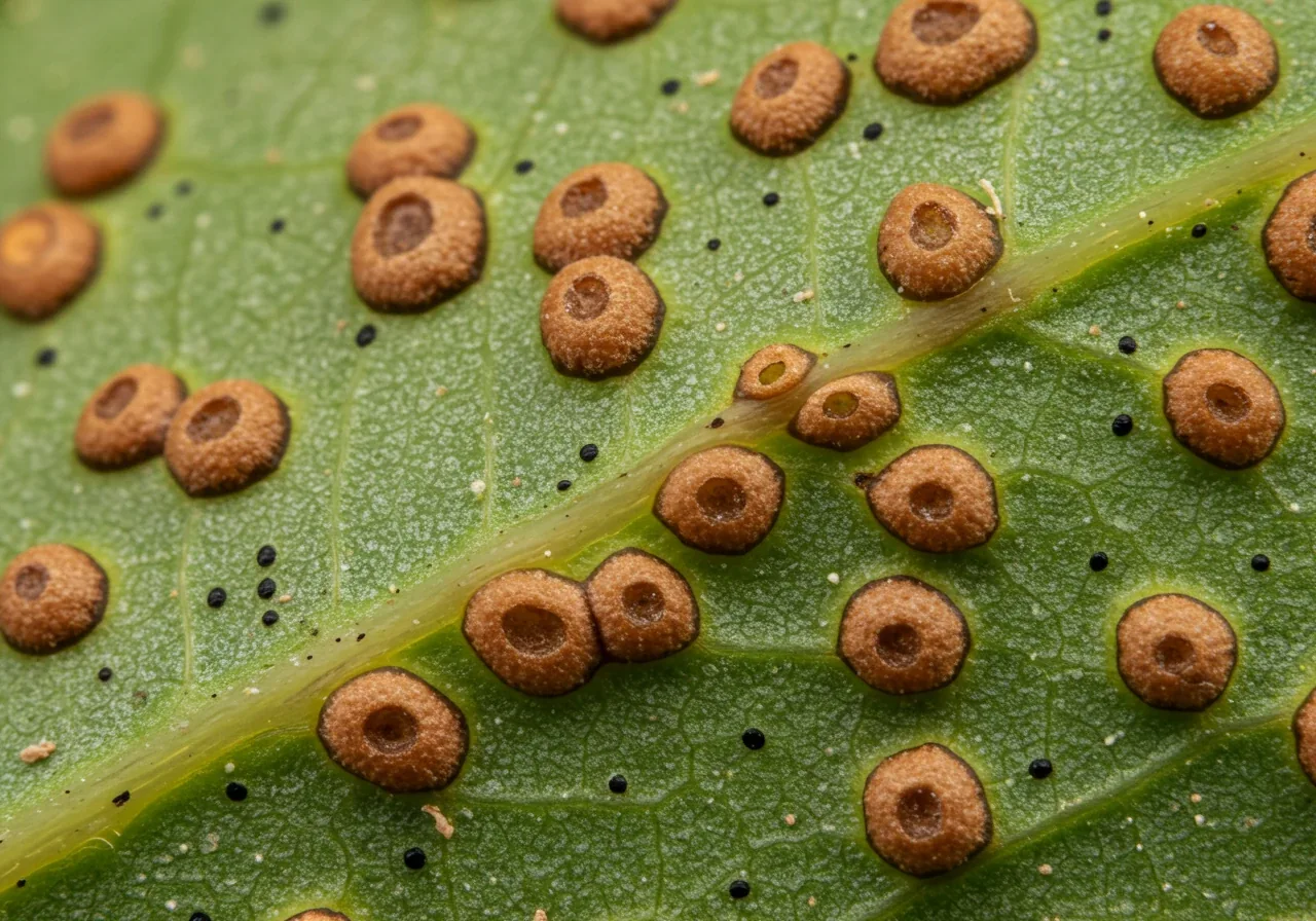 A detailed macro image clearly showing the characteristics of fungal leaf spots on a plant leaf. The image should highlight features mentioned in the text, such as roughly circular spots with distinct, dark borders, possibly tan or brown centers, and ideally, tiny black dots (fruiting bodies) visible within the spots upon close inspection.