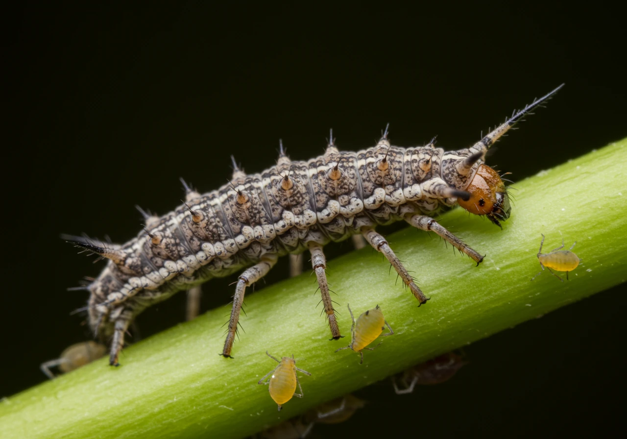 A macro shot focusing on the lacewing larva, often called an 'aphid lion'. The image should show its distinct alligator-like shape and prominent jaws, perhaps on a plant stem near aphids, to illustrate its appearance as the primary pest predator.