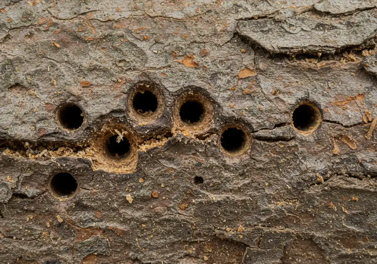 A macro photograph showing several small, distinct insect borer exit holes on the surface of tree bark. Optionally, fine, sawdust-like frass could be visible in the bark crevices near the holes, clearly indicating pest activity.