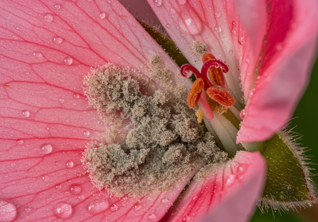 An extreme close-up, detailed macro shot focusing on a flower petal (e.g., a peony or geranium petal) clearly showing the characteristic fuzzy, grayish-brown mold texture of Botrytis blight. The surrounding area of the petal should appear relatively healthy for contrast, perhaps with a dewdrop.