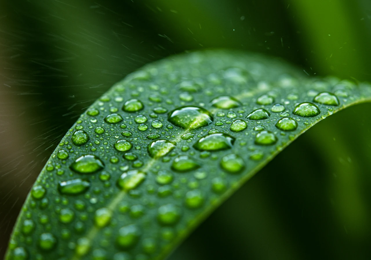 A close-up image focusing on vibrant green plant leaves glistening with fine droplets of water, suggesting a recent foliar spray application. The droplets should look fresh, catching the light. The background should be softly blurred green foliage, emphasizing the health of the sprayed leaves.