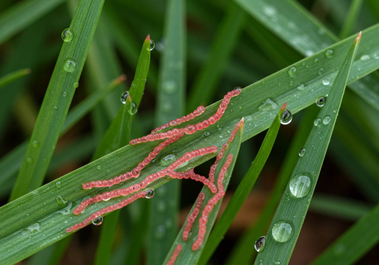 A detailed close-up photograph focusing on grass blades clearly showing the distinctive pinkish-red, thread-like fungal growths (stromata) characteristic of Red Thread disease extending from the tips of the blades. Some surrounding blades may appear slightly bleached or ragged. Morning dew could be present to enhance realism and indicate favorable conditions.