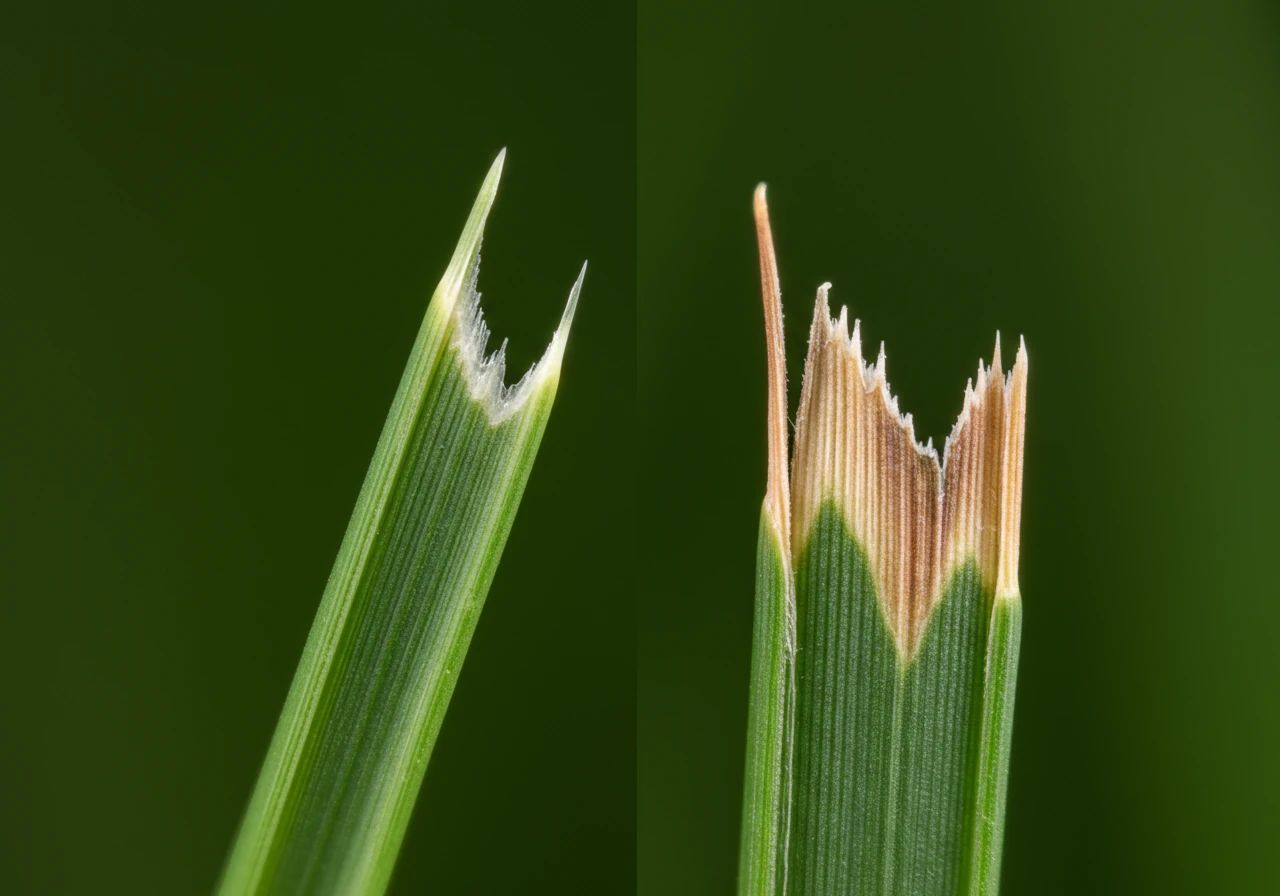 A macro, split-image or side-by-side view comparing the cut edge of two grass blades. One blade shows a clean, sharp slice (from a sharp mower blade), while the other shows a torn, ragged, possibly browning edge (from a dull blade). This highlights the 'Stay Sharp' point visually.