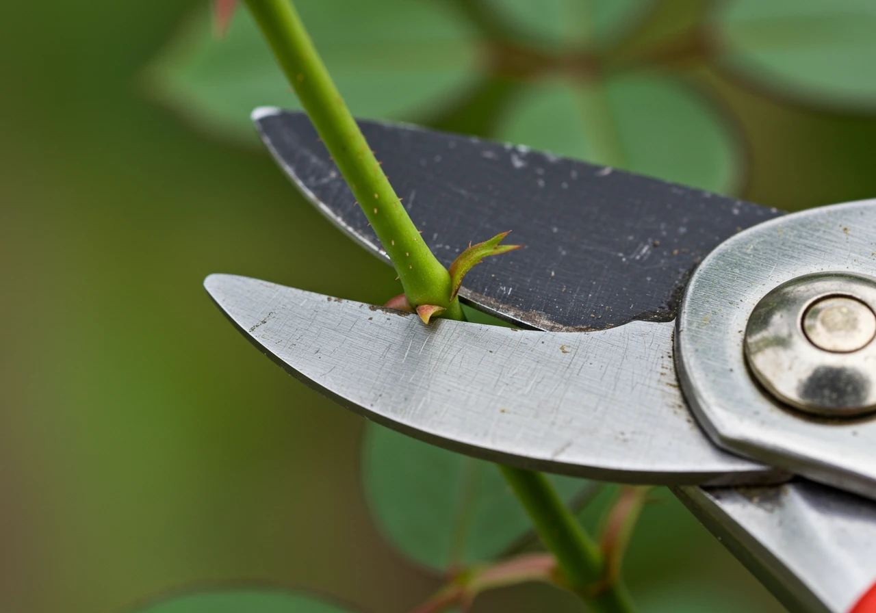 A close-up shot demonstrating the correct pruning technique. It should show sharp bypass pruners making a clean, 45-degree angled cut on a rose cane, about 1/4 inch above an outward-facing bud. This visual clarifies the precise cutting method described in the text.