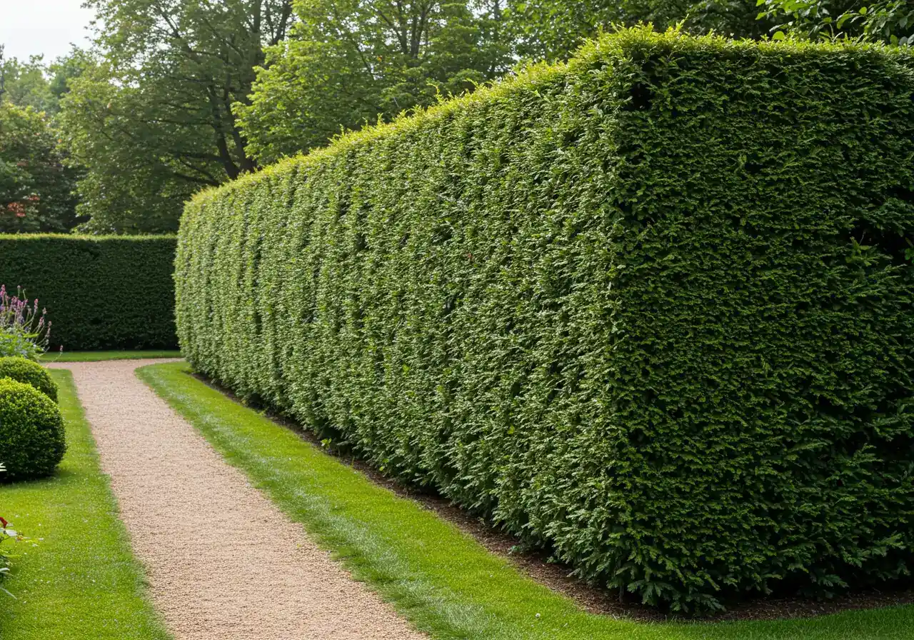 A clear, eye-level photograph showcasing a perfect example of a dense, impeccably sheared formal hedge. The focus should be on the geometric shape, sharp corners, and uniform texture of the foliage, typical of plants like Yew or Boxwood used for formal hedging. The setting should suggest a well-maintained property.