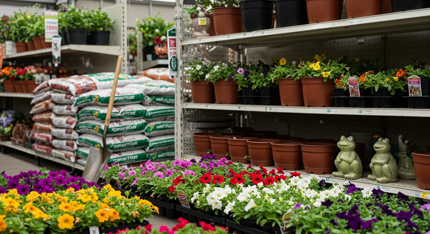 A slightly cluttered but charming garden center scene showcasing tempting items: colourful flower flats (like petunias), bags of soil, a shiny shovel, and a whimsical ceramic garden frog, subtly hinting at impulse buys.