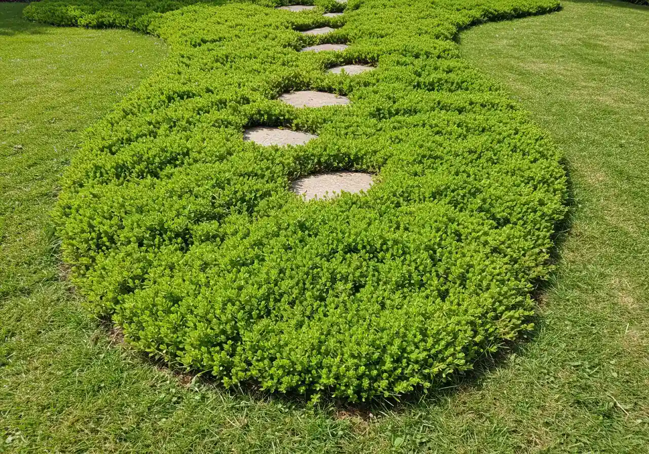 An eye-level view demonstrating a lawn alternative. This could show a section of yard where traditional turfgrass transitions into a dense, healthy patch of hardy groundcover like Creeping Thyme or low-growing Sedum, possibly with stepping stones integrated. This visual supports the idea of reducing lawn area with attractive, low-care options.