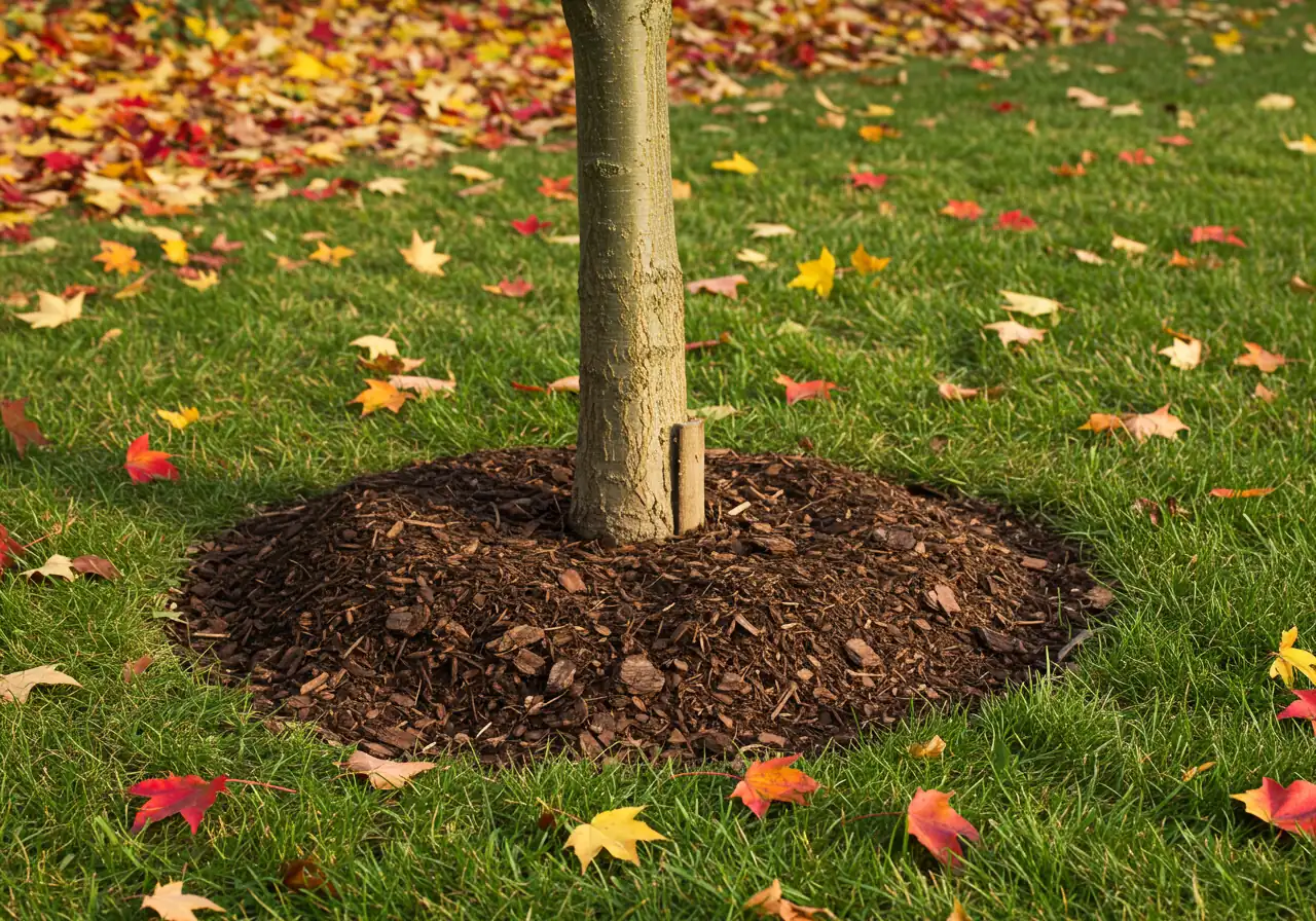 A clear photograph demonstrating correct fall mulching around the base of a young deciduous tree. A thick ring (3-4 inches deep) of dark brown shredded bark mulch surrounds the tree, but is carefully pulled back 2-3 inches from the actual trunk, leaving a visible gap. Fallen autumn leaves might be scattered lightly on the surrounding grass.