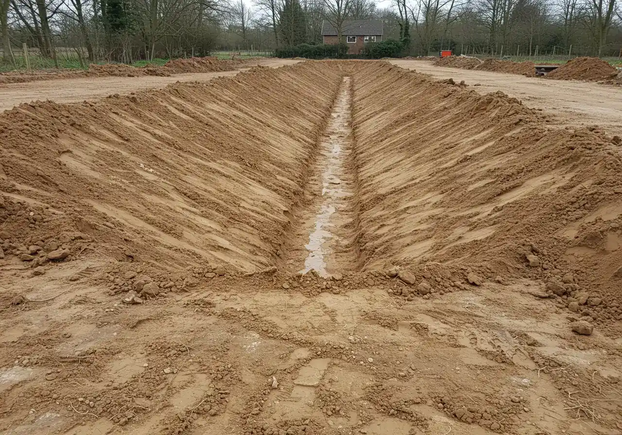 An image looking down the length of a newly constructed but unplanted swale. This photo should clearly illustrate the desired wide, shallow, saucer-like profile optimal for clay soils, contrasting with a narrow ditch. The berm created from excavated soil should be visible on the downhill side. Focus on the shape and form.