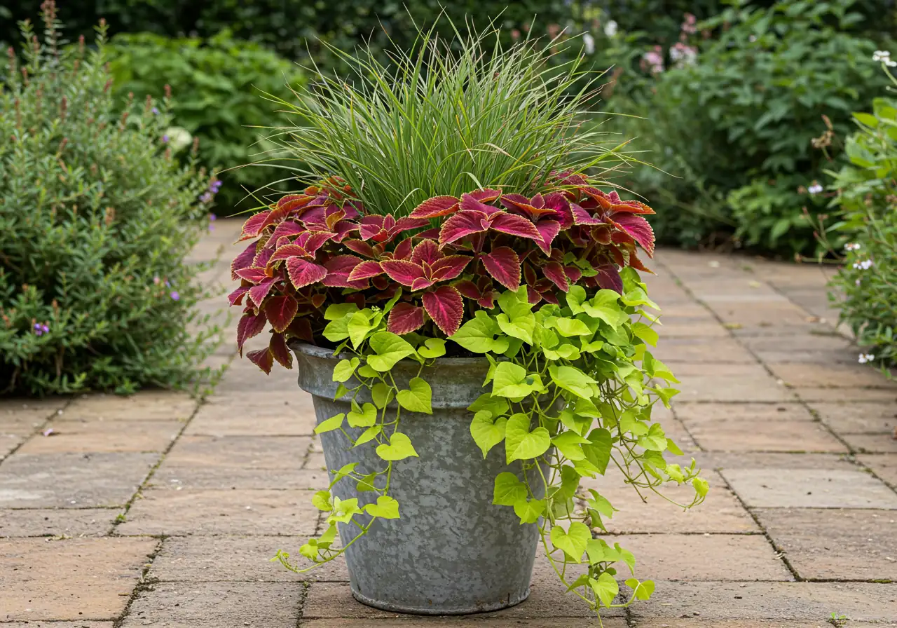 A clear, eye-level photograph of a stylish container garden arrangement perfectly illustrating the 'Thriller, Filler, Spiller' technique. A tall, spiky ornamental grass (Thriller) provides height in the center of a weathered grey pot. Mounding, multi-coloured Coleus (Filler) surrounds the base, and lime green Sweet Potato Vine (Spiller) cascades dramatically over the pot's edge onto flagstone patio.