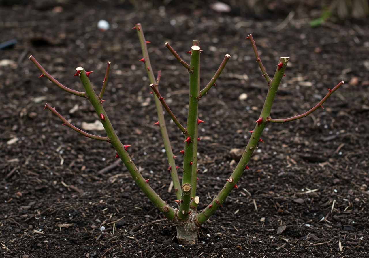 An image showcasing a well-pruned dormant rose bush (e.g., a Hybrid Tea or Floribunda) in early spring. The focus should be on the open, vase-like structure achieved through pruning, with several strong, healthy canes spaced for good air circulation and clean cuts visible. This illustrates the positive outcome of proper pruning.