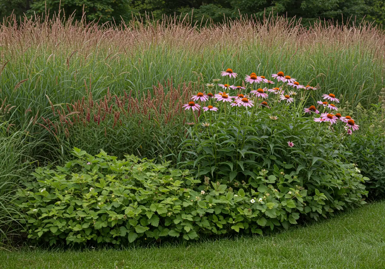 An eye-level view of a well-designed native plant garden bed demonstrating the 'layering' principle. Tall native grasses (like Little Bluestem showing some fall colour) form the back layer, mid-height Purple Coneeflowers or Blazing Star provide colour in the middle, and a low-growing native groundcover (like Wild Strawberry or Foamflower) edges the front. Highlights varying heights and textures.