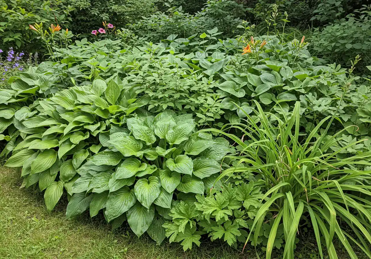 An eye-level photograph of a garden bed suffering from the 'Overcrowding Calamity'. It shows several perennial plants (like Hostas or Daylilies) planted far too closely together, visibly competing for space. Leaves are densely overlapping, and some lower foliage might show slight yellowing due to poor air circulation, clearly demonstrating the negative effects of overcrowding.