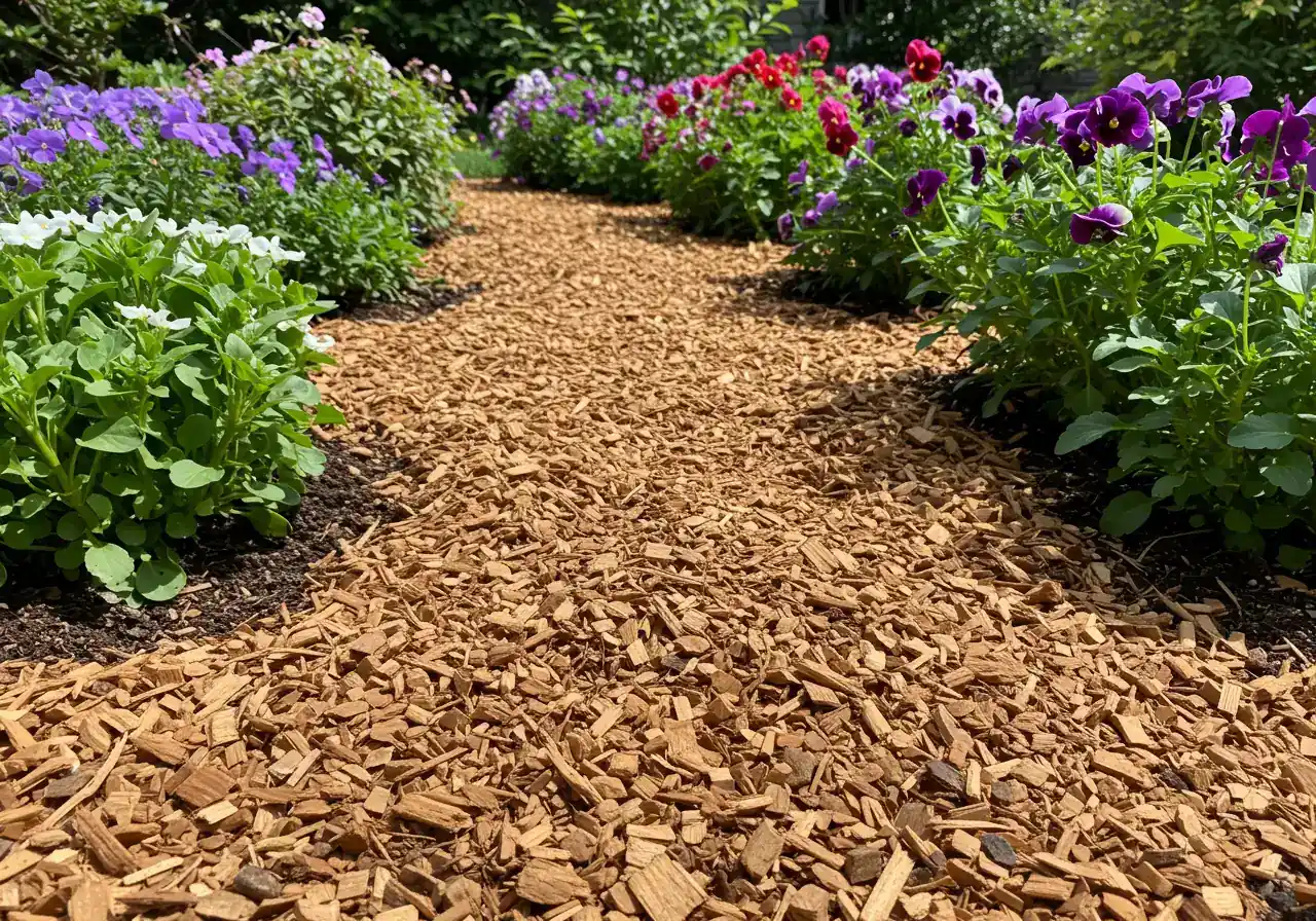 A photograph illustrating the sustainable reuse of pollarded cuttings. Shows fresh, uniform wood chip mulch (clearly derived from small branches) neatly applied around the base of plants in a garden bed, highlighting texture and practical application.