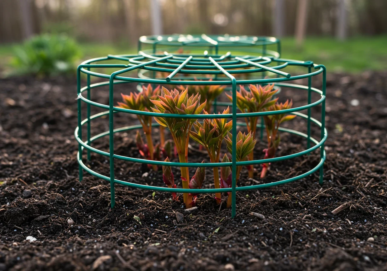 An illustrative photograph of a green metal grow-through peony support ring (grid style) placed correctly over emerging peony shoots in early spring. The reddish-green shoots are about 6-10 inches tall and just beginning to grow through the grid openings. Clear view of the support structure and the young plant within rich garden soil.